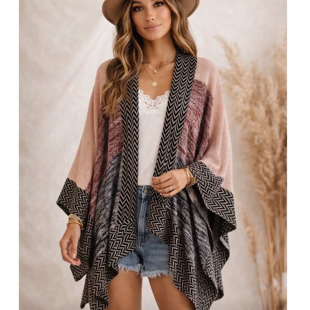 RAJ Pink Blue Geometric Knit Open Front Poncho Wrap Cardigan Sweater One Size